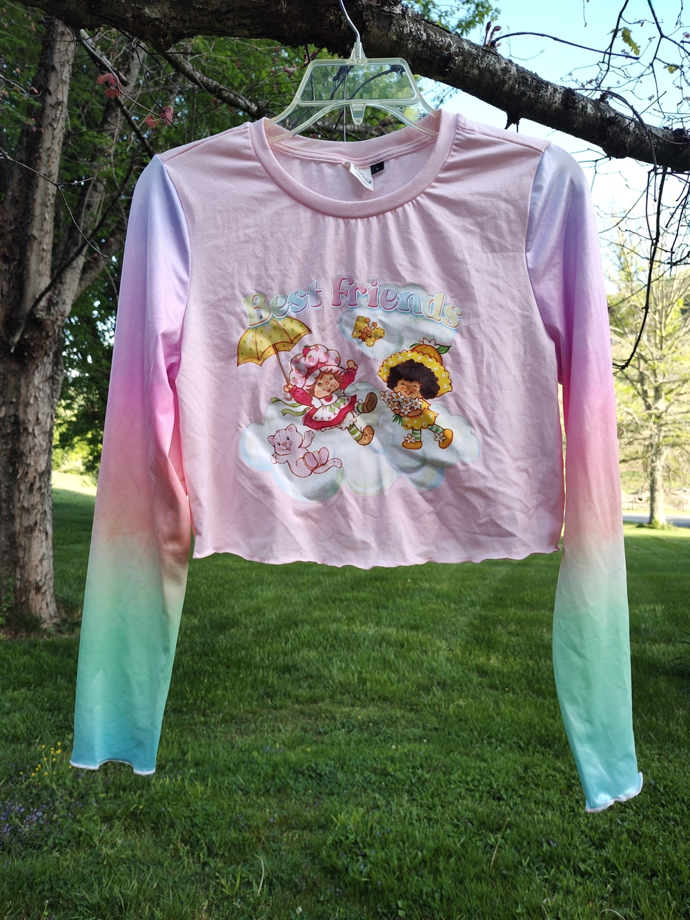 Pink Pastel Ombre 'Best Friends' Long-Sleeve Strawberry Shortcake Crop Top